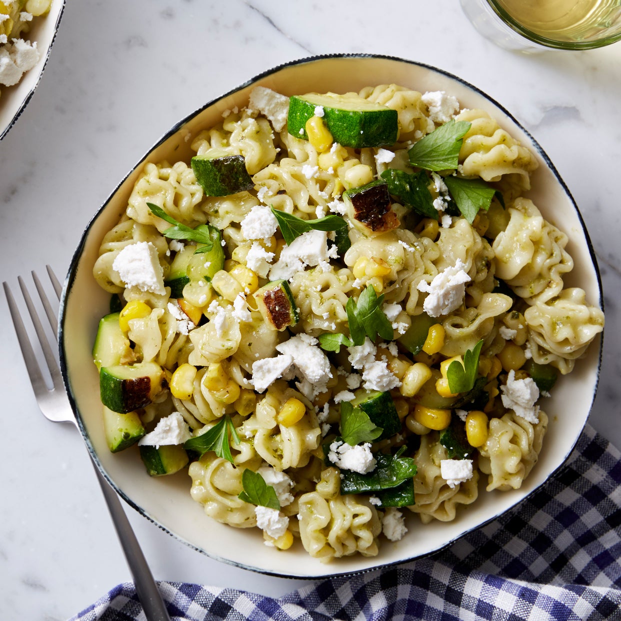 Recipe Fresh Radiatore Pasta & Basil Pesto with Corn & Summer Squash Blue Apron