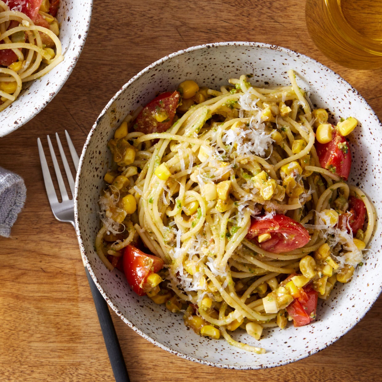Recipe Basil Pesto Spaghettini with Corn & Tomatoes Blue Apron
