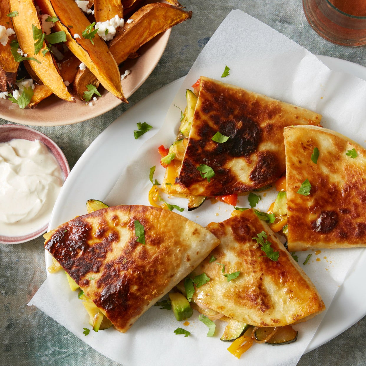 Recipe Summer Vegetable Quesadillas with Roasted Sweet Potatoes & Lime