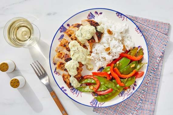 Southern Chicken & Creamy Relish with Sautéed Snow Peas & Rice-image