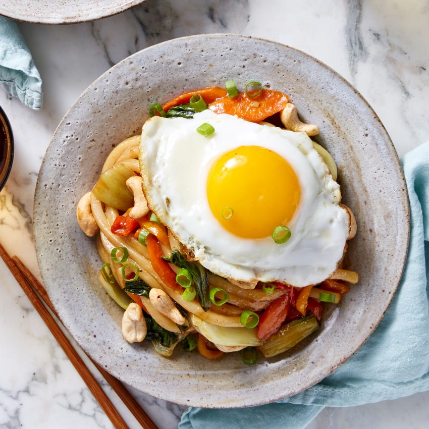Recipe Bok Choy & Sweet Pepper Lo Mein with Fried Eggs & Cashews