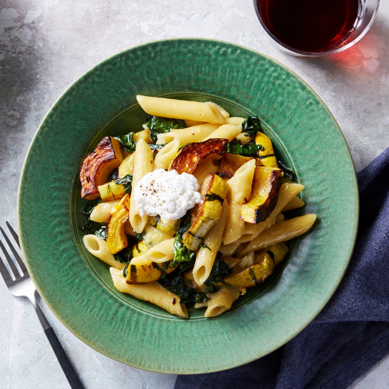 Recipe Penne Pasta & Delicata Squash with Kale & Ricotta Cheese Blue