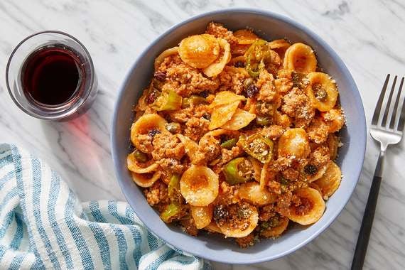 Spiced Pork & Orecchiette Pasta with Currants & Shishito Peppers-image