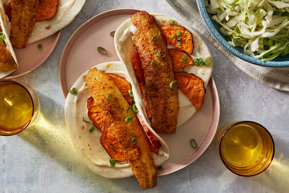 Recipe Spiced Fish Tacos With Roasted Sweet Potatoes Coleslaw Blue Apron