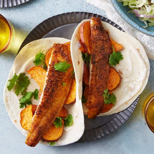 Recipe Spiced Fish Tacos with Roasted Sweet Potatoes & Coleslaw Blue