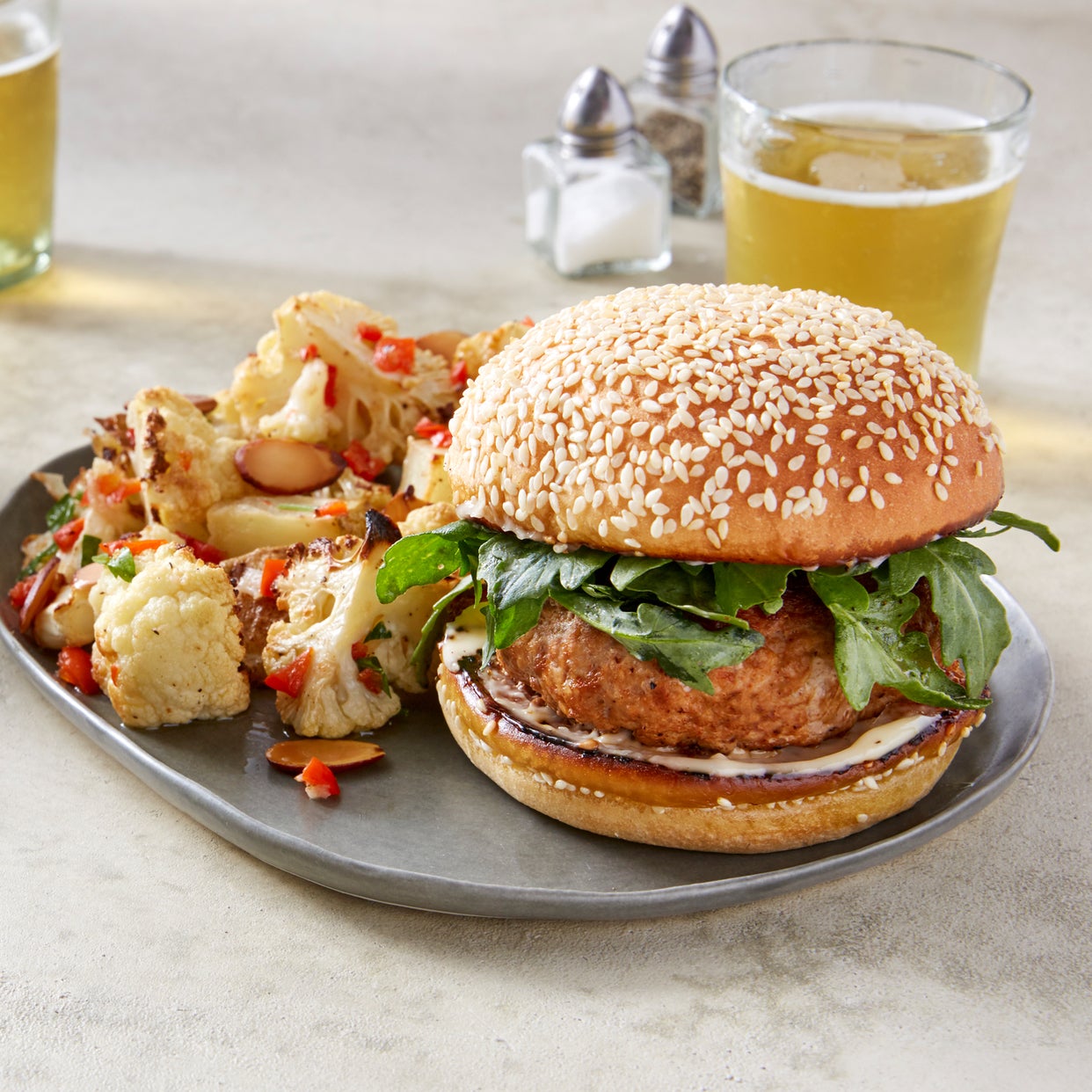 Recipe Smoky Pork Burgers with Roasted Cauliflower & Potato Salad