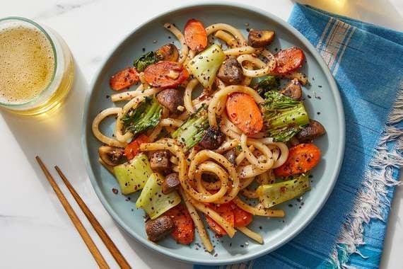 Udon Noodle & Spicy Peanut Stir-Fry with Mushrooms, Carrots & Bok Choy-image