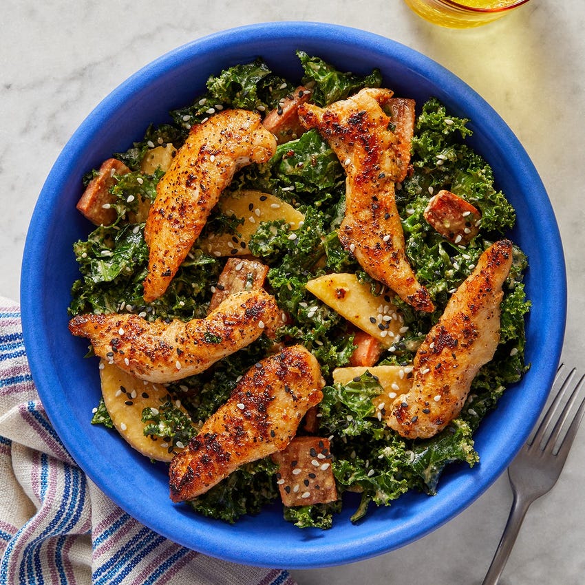 Recipe Seared Chicken & Kale Salad with Roasted Carrots & SesameDijon