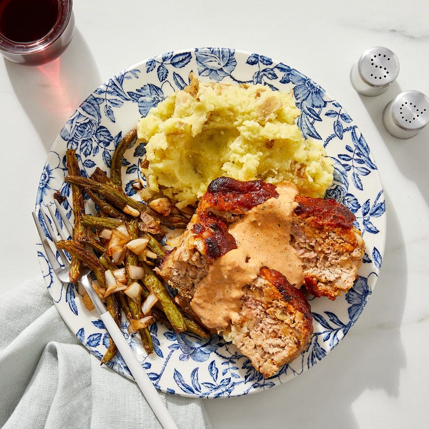Recipe Romesco Turkey Meatloaf with Mashed Potatoes & Roasted Green