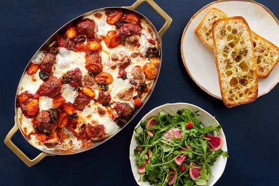 Cheesy Beef & Pork Sausage Meatball Bake With Gnocchi & Spinach-image