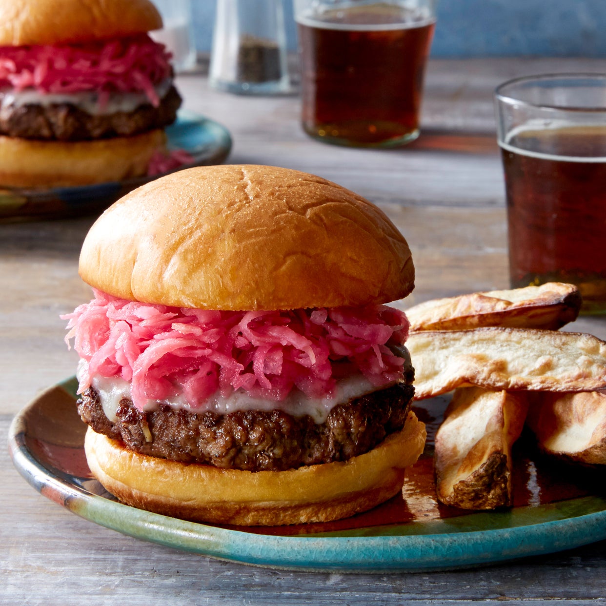 Recipe Provolone Cheeseburgers with Pickled Beet & Roasted Potato