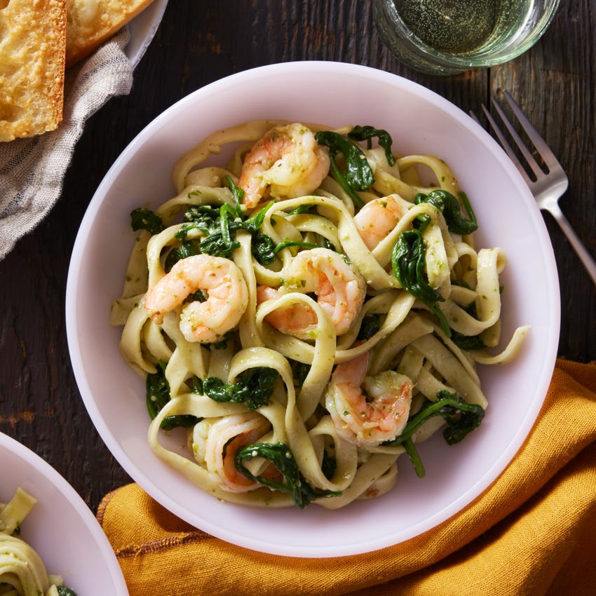 Recipe Shrimp & Pesto Fettuccine with Cheesy Garlic Bread Blue Apron
