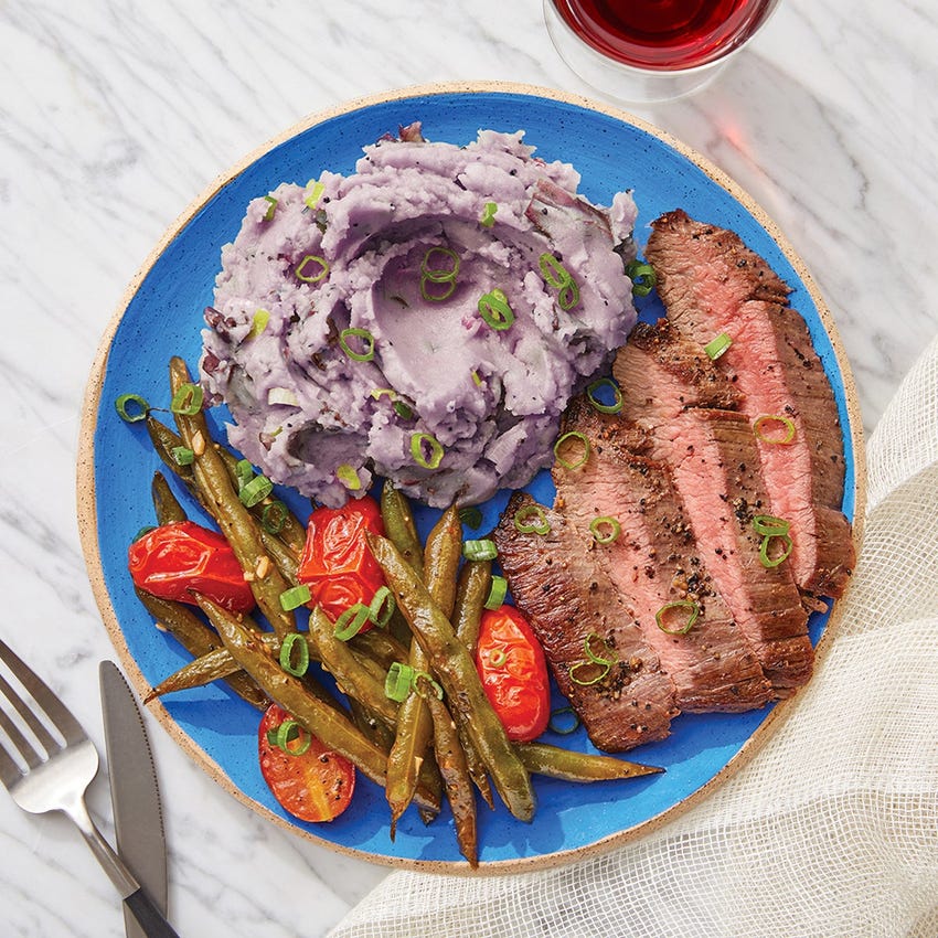 Recipe Steak Mashed Purple Potatoes With Sauteed Green Beans Tomatoes Blue Apron The purple sweet potatoes are so beautiful and vibrant. steak mashed purple potatoes with sauteed green beans tomatoes