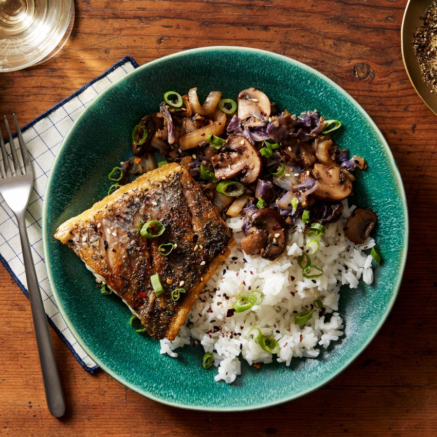 Recipe Barramundi & Mixed Mushrooms with Jasmine Rice & Napa Cabbage