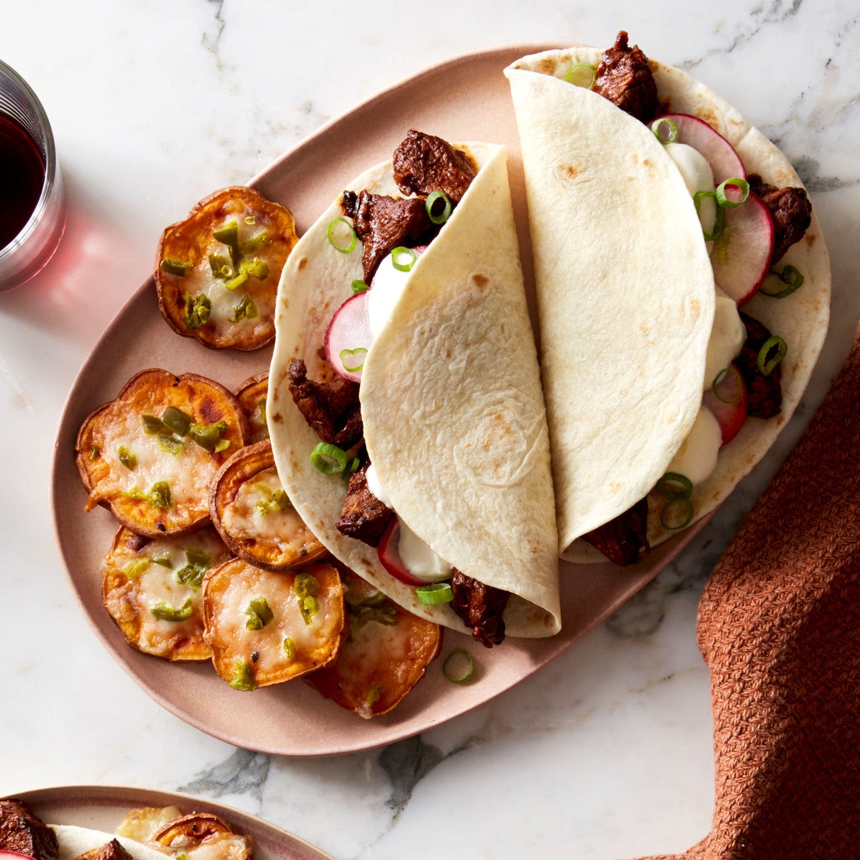 Recipe Ancho Beef Tacos & Spicy Sweet Potato with Monterey Jack Cheese