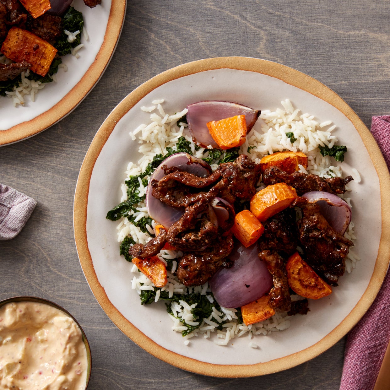 Recipe Sautéed Beef & Kale Rice with Spicy Yogurt Sauce & Roasted