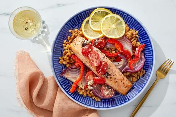 Lemon-Roasted Salmon & Vegetables with Romesco Barley & Marinated Feta-image