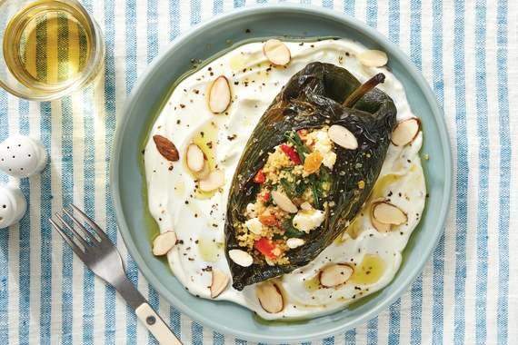 Couscous-Stuffed Poblano Peppers with Spinach, Raisins & Tahini Dressing-image