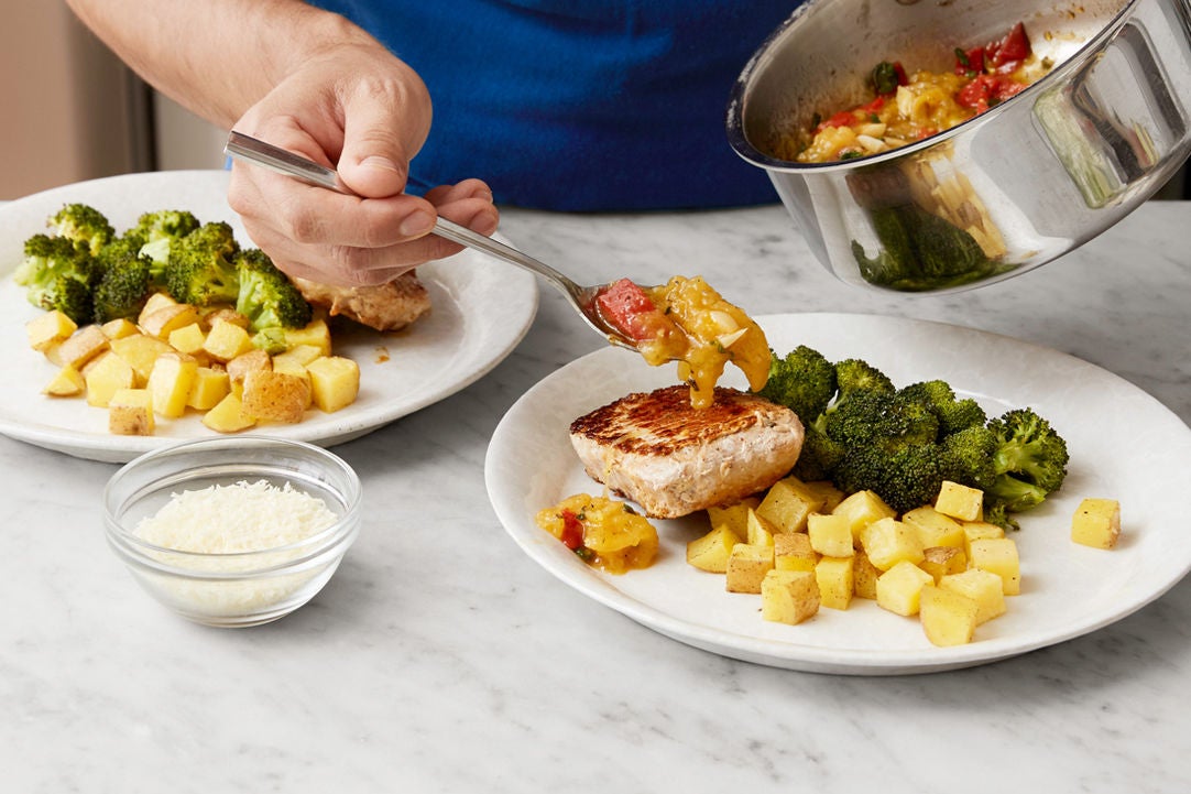 Recipe Pork Chops & Yellow Tomato Sauce with Roasted Potatoes