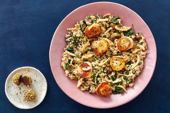 Seared Scallops & Mushroom Risotto with Chocolate-Pistachio Truffles-image