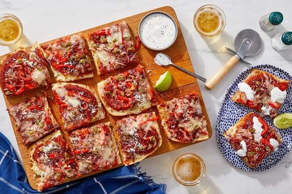 Pepper & Onion Flatbread with Tomato-Guajillo Sauce & Creamy Lime Dressing-image