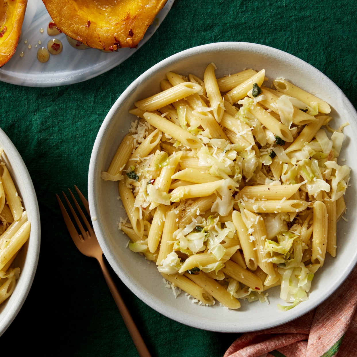 Recipe Cabbage & Sage Pasta with Roasted Acorn Squash & Hot Honey