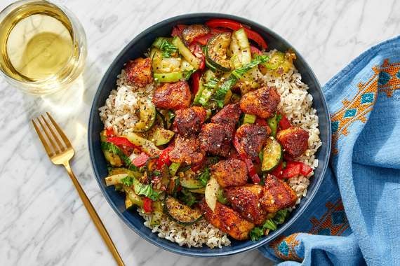 Curry-Glazed Chicken & Brown Rice with Zucchini, Bell Pepper & Bok Choy-image