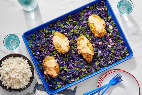 Crispy Curry Chicken & Roasted Vegetables with Coconut Rice & Creamy Tomato Chutney-image