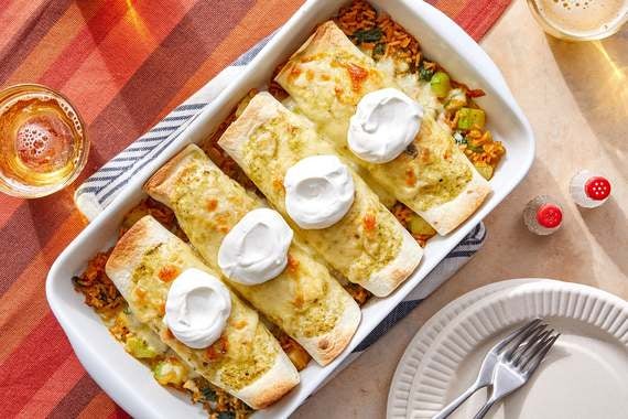 Cheesy Tomatillo Enchiladas with Chayote Squash, Spinach & White Rice-image
