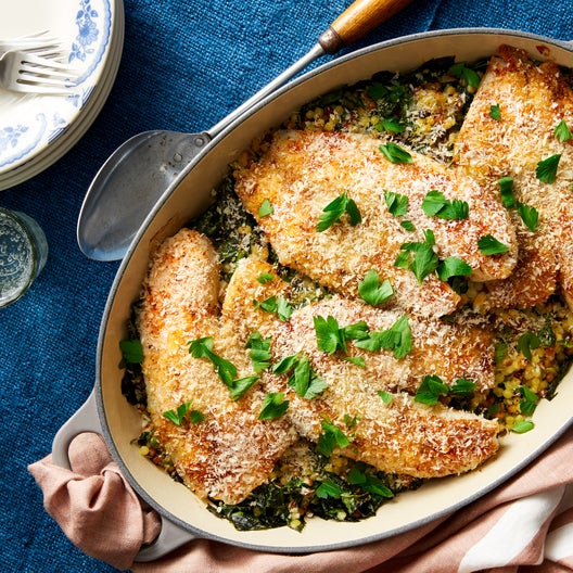 Recipe Baked Tilapia & Creamy Kale with Fregola Sarda Pasta Blue Apron