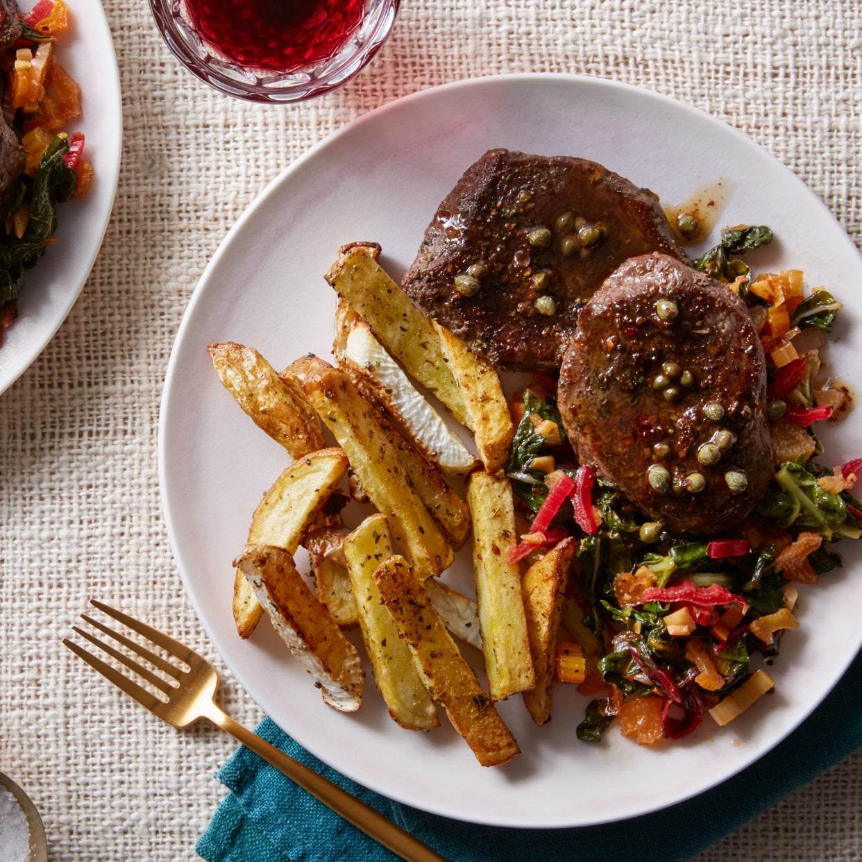 Recipe Beef Medallions & Brown Butter Caper Sauce with ItalianSpiced Potatoes & Turnip Blue