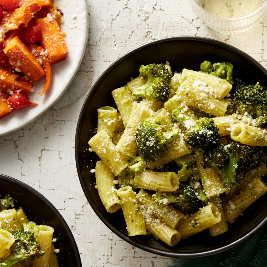 Recipe Basil Pesto Pasta & Broccoli with Roasted Carrots Blue Apron