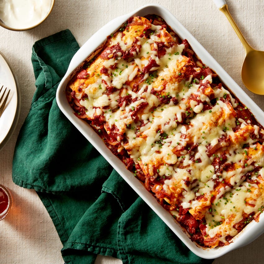 Recipe Cheesy Enchiladas Rojas With Mushrooms Kale Blue Apron