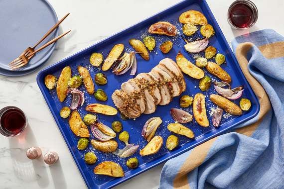 Sheet Pan Italian Pork Roast with Fingerling Potatoes, Brussels Sprouts & Calabrian Dressing-image