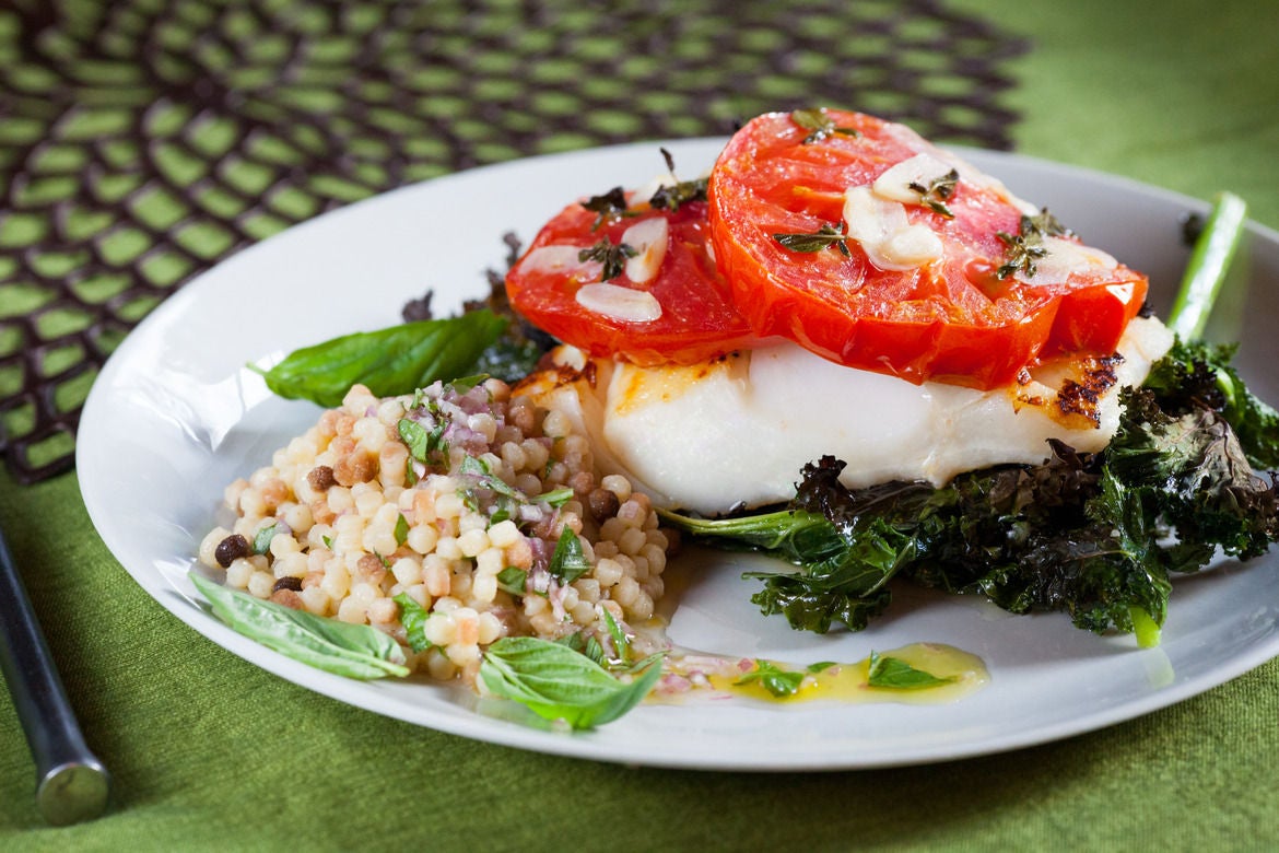 Recipe Cod with Crispy Kale, Roasted Tomato & Fregola Sarda Blue Apron
