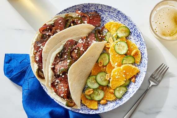 Flank Steak Tacos with Chipotle-Glazed Vegetables & Lime Sour Cream-image