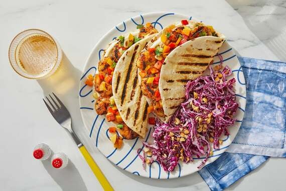 Grilled Shrimp Tacos with Peach Salsa, Cabbage Slaw & Peanuts-image