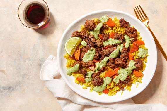 Beef over Curry-Spiced Rice with Creamy Cilantro Sauce-image