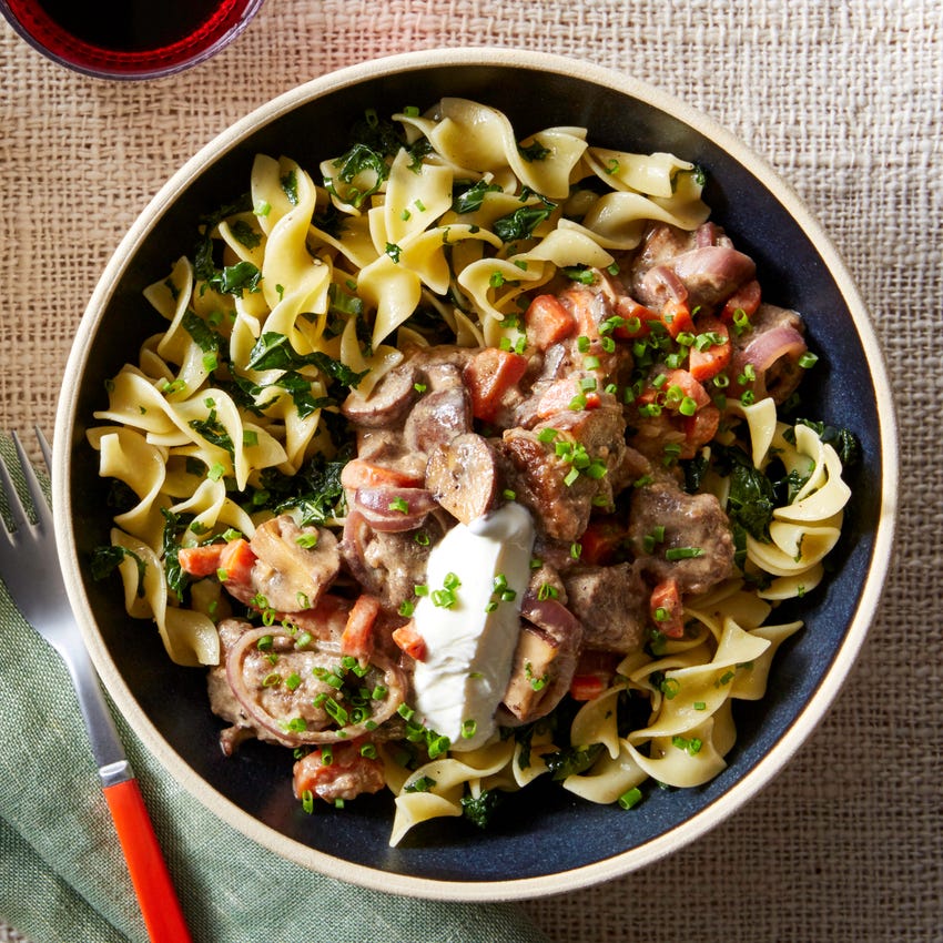 Recipe Beef & Mushroom Stroganoff with Buttered Egg Noodles & Kale