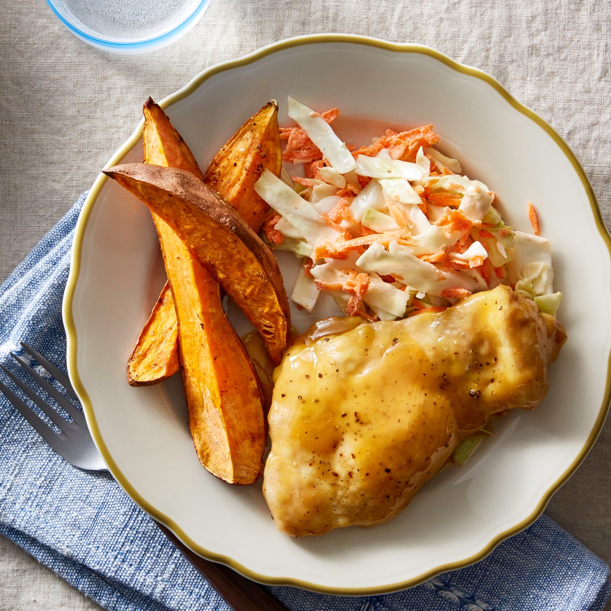 Recipe Honey Mustard Chicken with Roasted Sweet Potato Wedges & Slaw