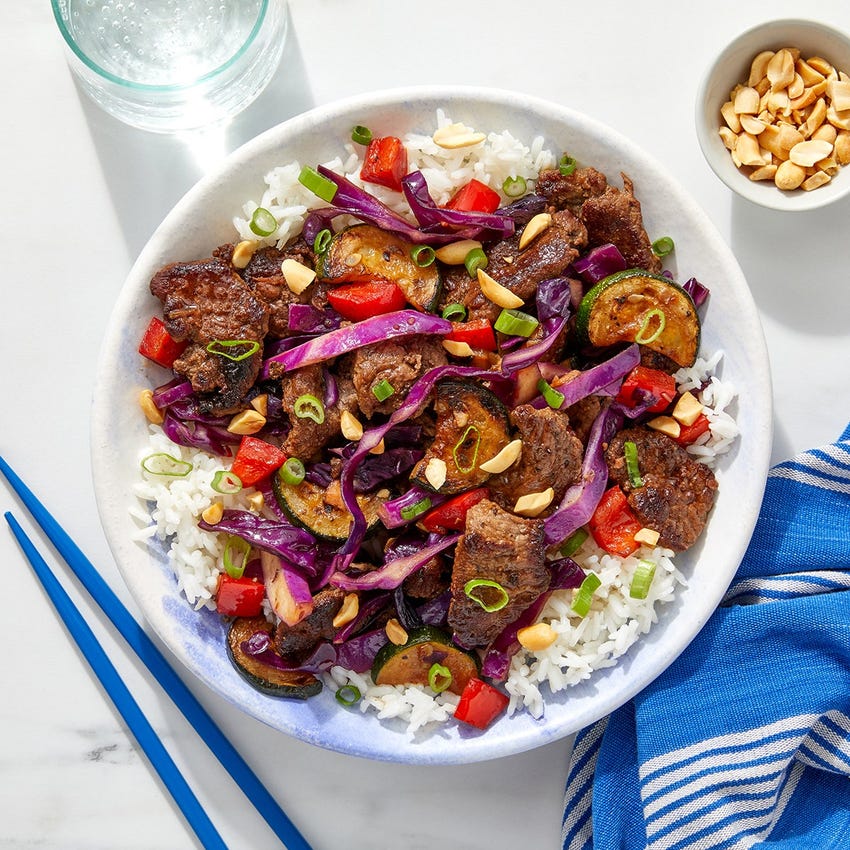 Recipe CuminSichuan Beef StirFry with Rice, Cabbage & Peanuts Blue