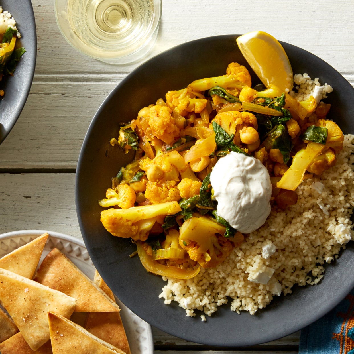 Recipe Chickpea & Cauliflower Tagine with Couscous & Pita Chips Blue