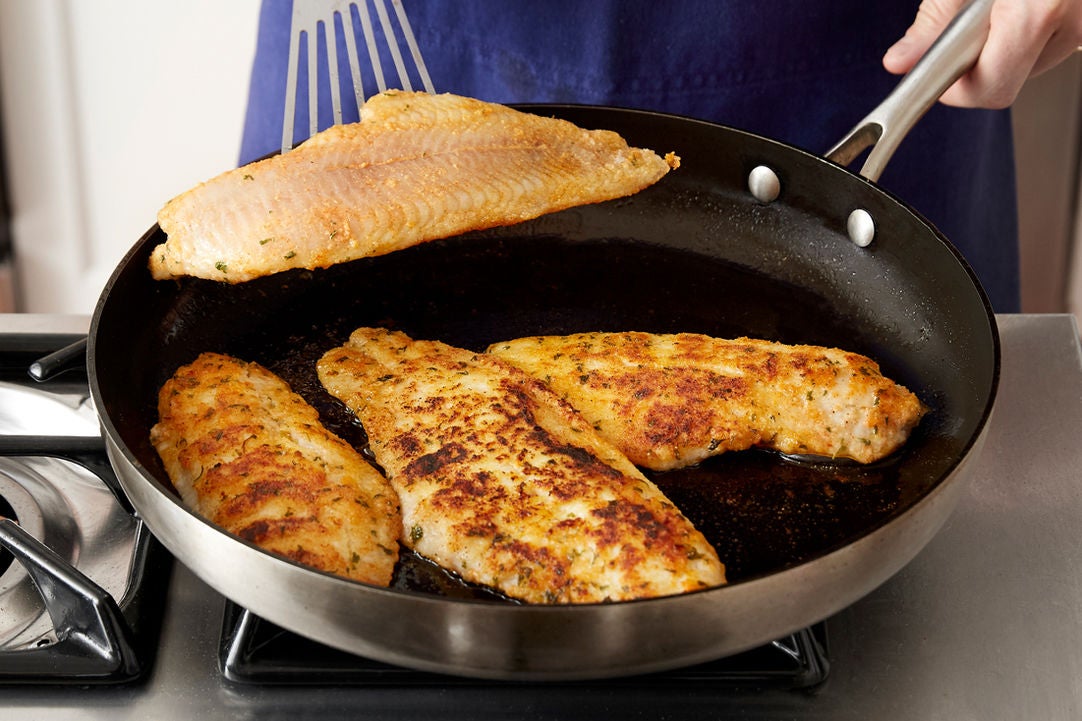 Recipe Catfish & Green Peppercorn Sauce with Oven Fries & Creamed Kale