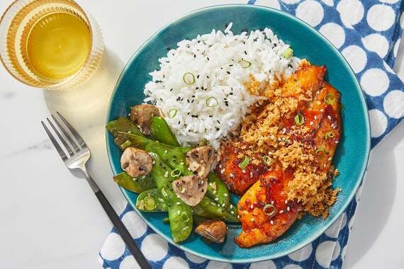 Sweet Chili Tilapia & Sesame Breadcrumbs with Garlic Rice & Snow Peas-image