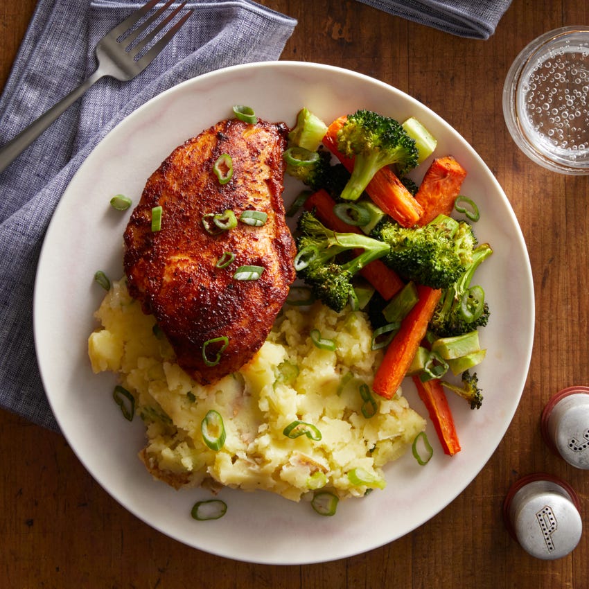Recipe Chile & OrangeGlazed Chicken with Roasted Vegetables & Garlic Mashed Potatoes Blue Apron
