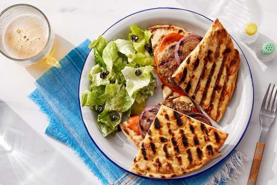 Grilled Pork Pita Burgers with Harissa Mayo & Red Onion-image