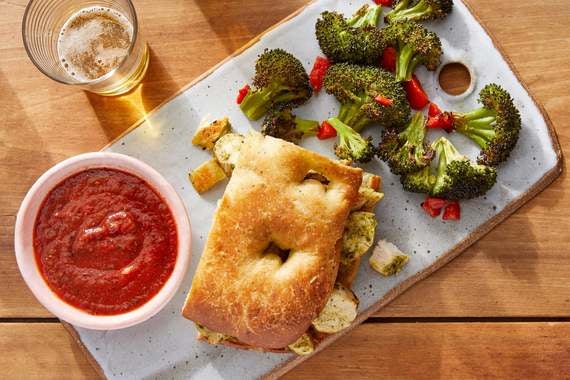 Pesto Chicken Focaccia Sandwiches with Roasted Broccoli & Tomato Dipping Sauce-image