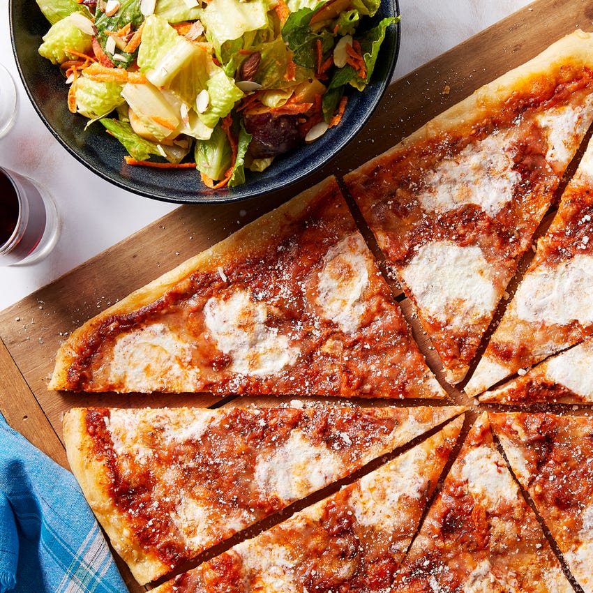 Recipe ThreeCheese Pizza with Creamy Tomato Sauce & Romaine Salad