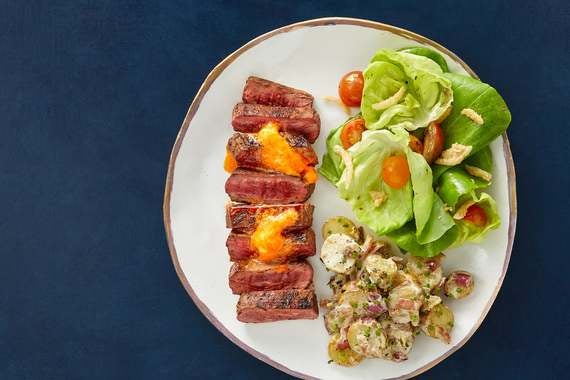 Grilled Cajun Flank Steaks & Potato Salad with Butter Lettuce & Crispy Onion Salad-image