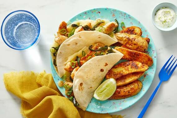 Cheesy Chicken & Poblano Tacos with Mexican-Spiced Fingerlings-image